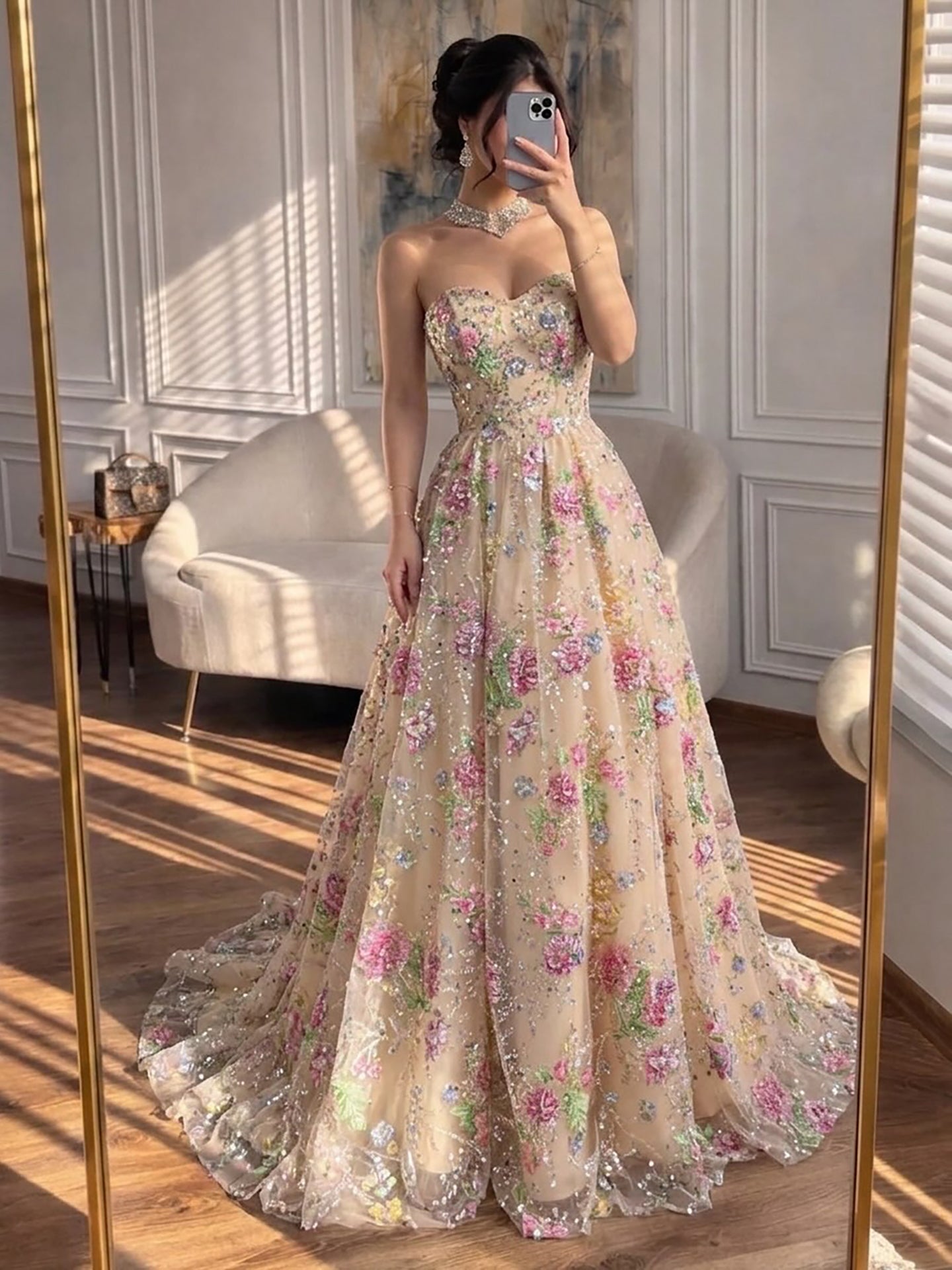 Luxury Pink Floral Beaded Strapless A-Line Evening Gown CLA73552D