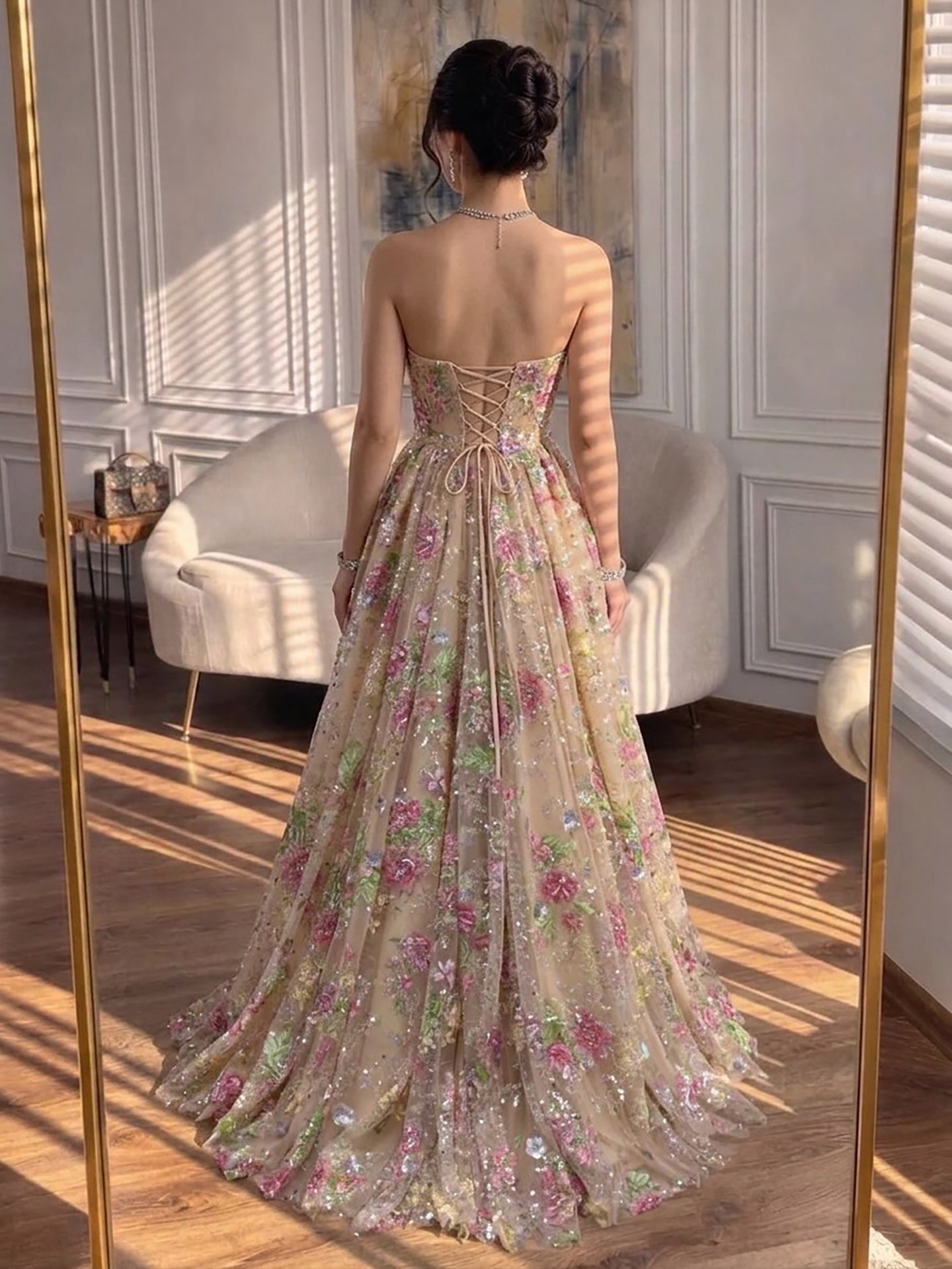 Luxury Pink Floral Beaded Strapless A-Line Evening Gown CLA73552D