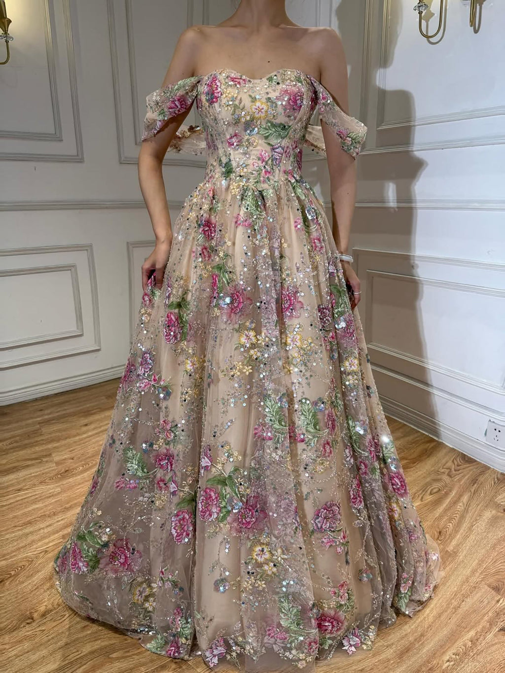 Luxury Pink Floral Beaded Strapless A-Line Evening Gown CLA73552D