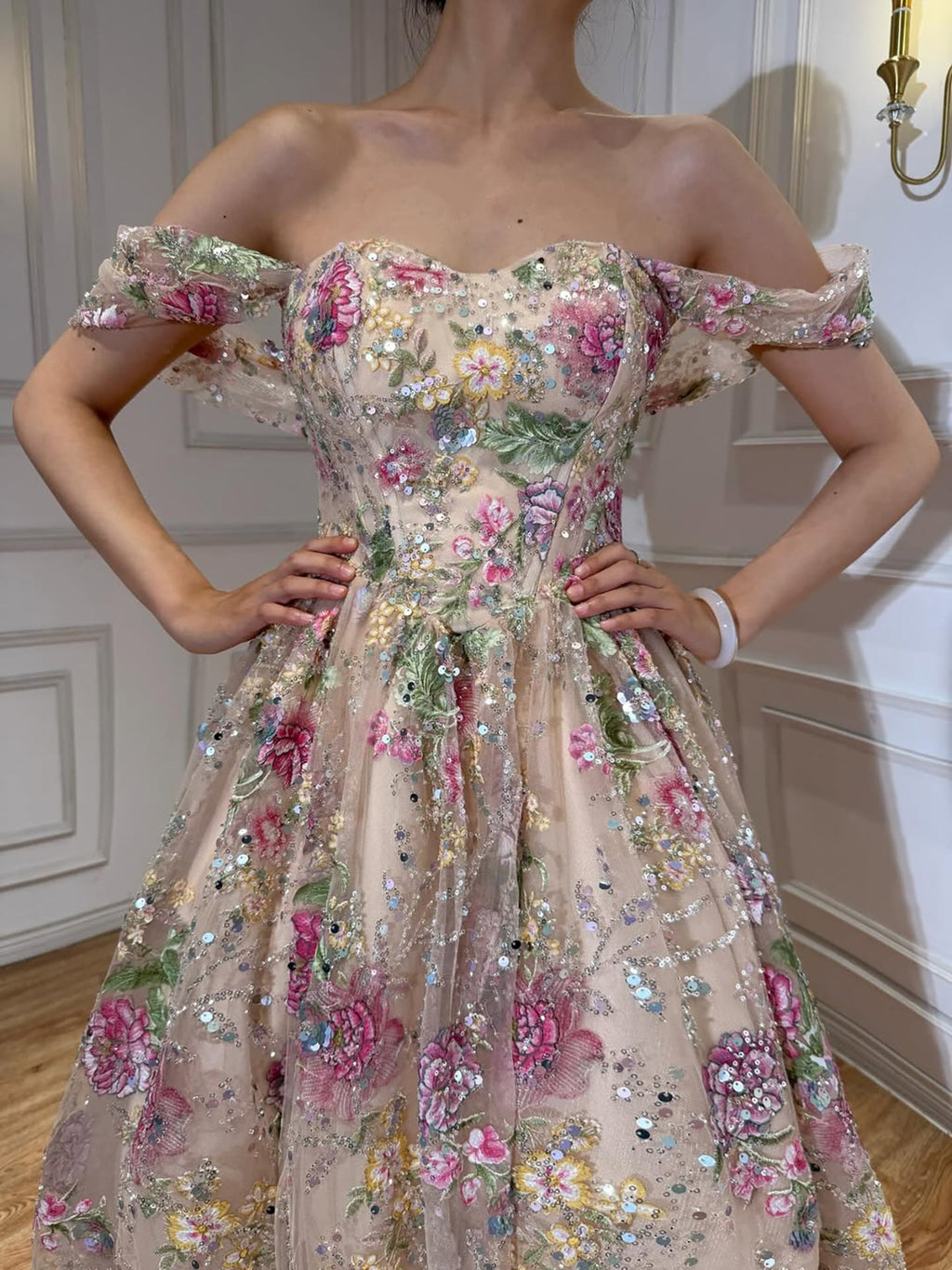 Luxury Pink Floral Beaded Strapless A-Line Evening Gown CLA73552D