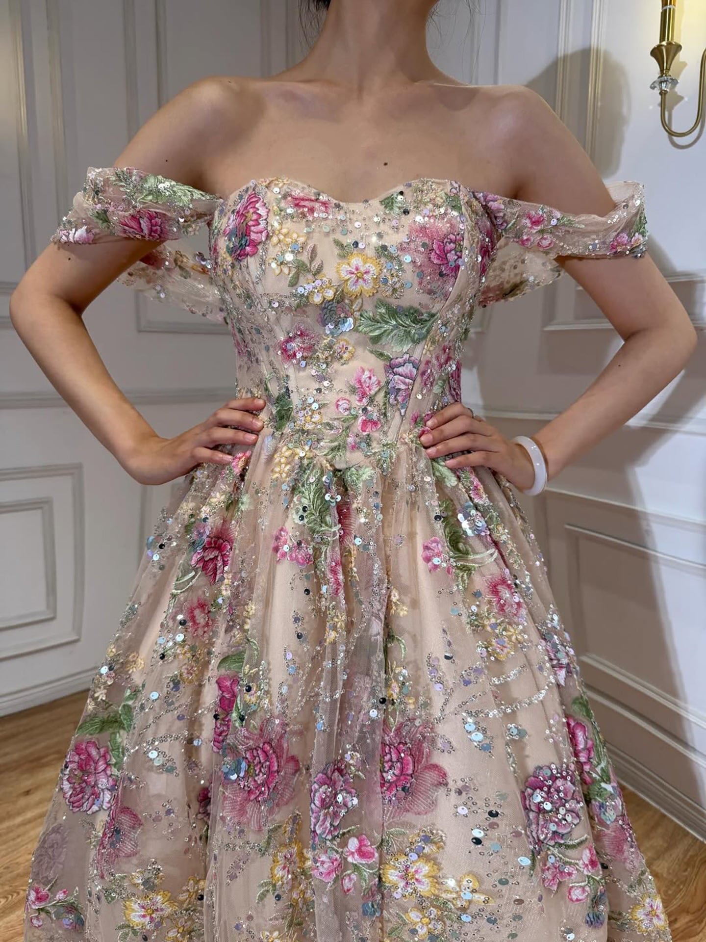 Luxury Pink Floral Beaded Strapless A-Line Evening Gown CLA73552D