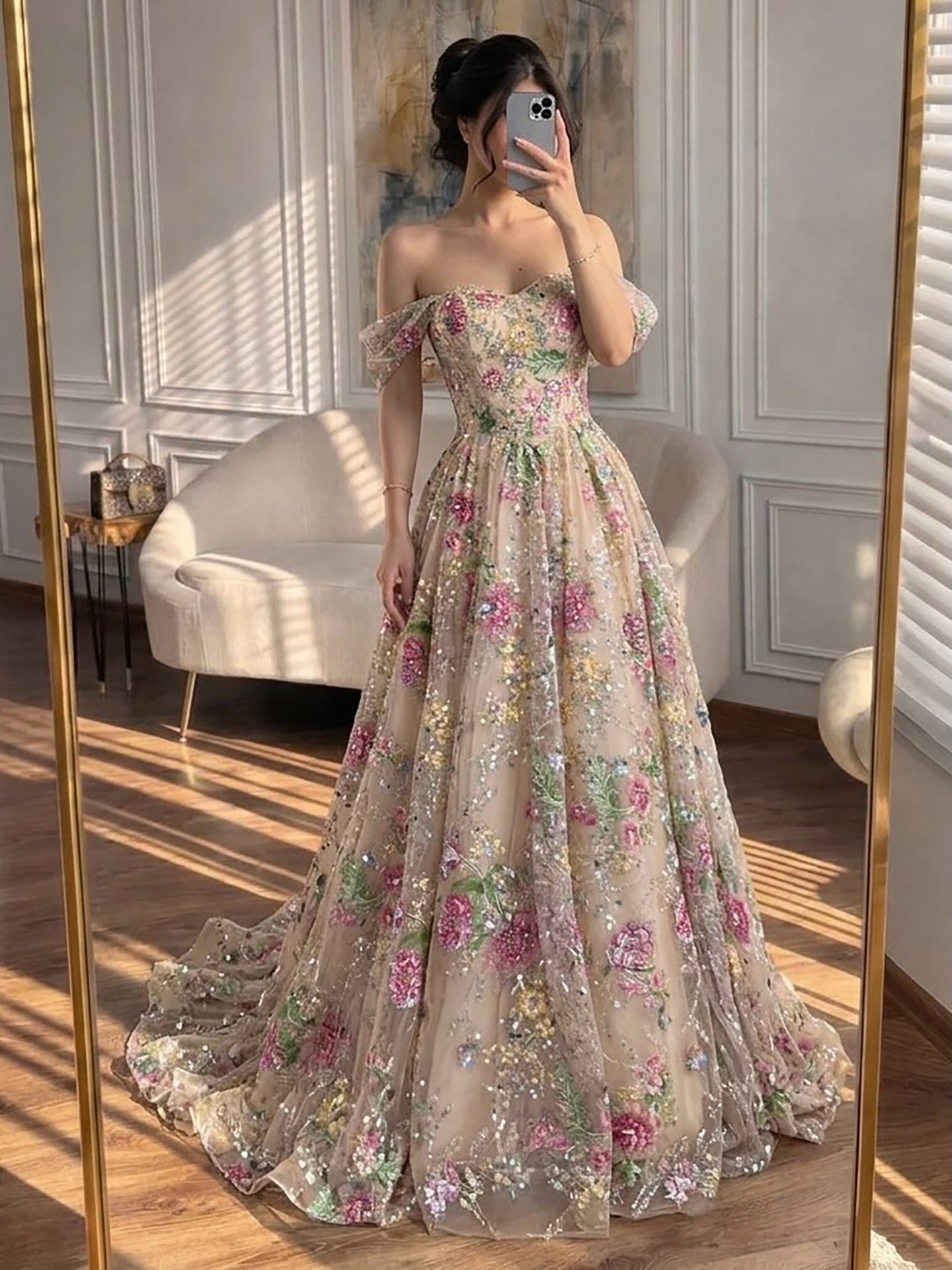 Luxury Pink Floral Beaded Strapless A-Line Evening Gown CLA73552D