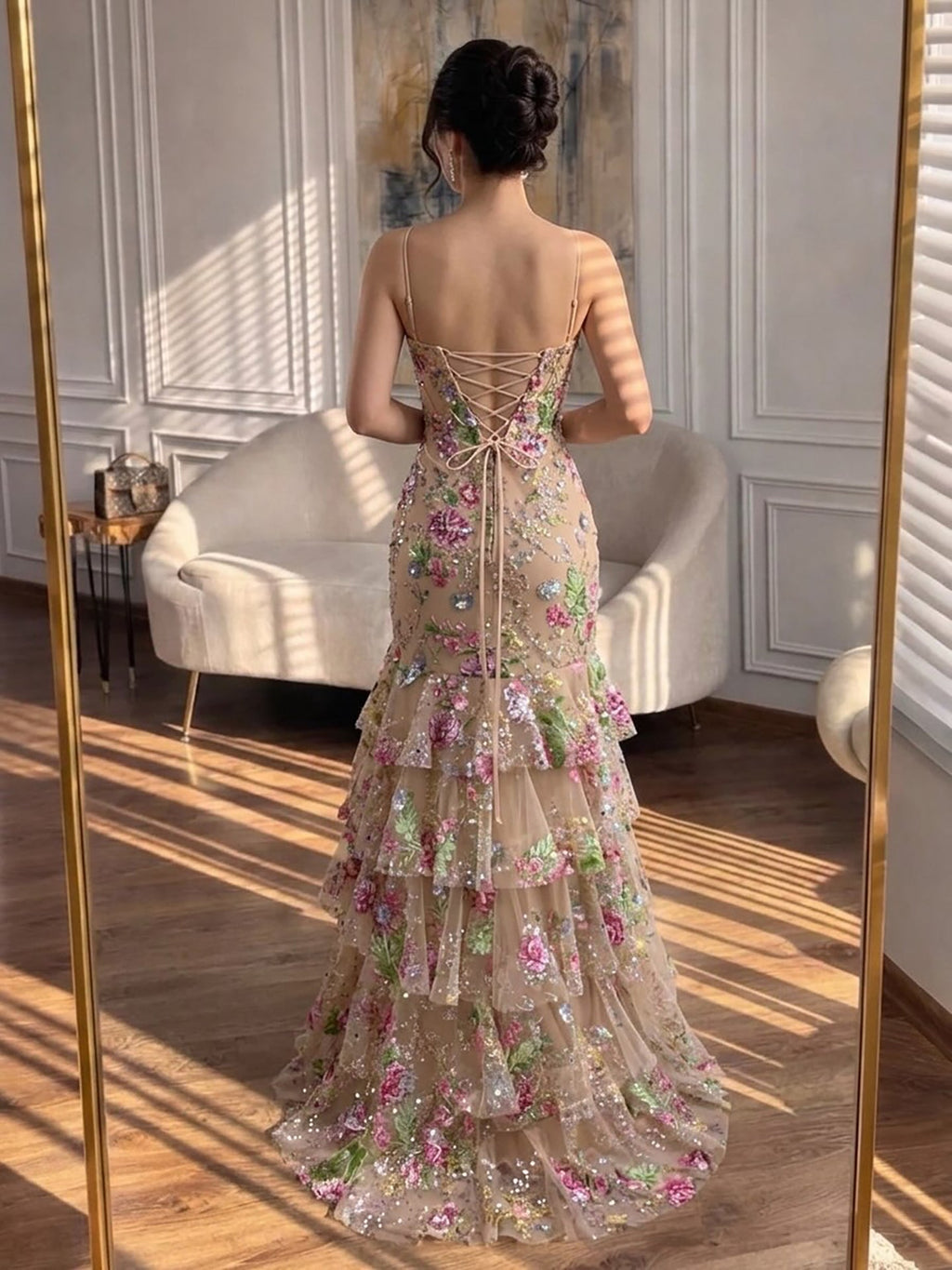 Luxury Pink Floral Beaded Spaghetti Strap Mermaid Dress CLA73552E