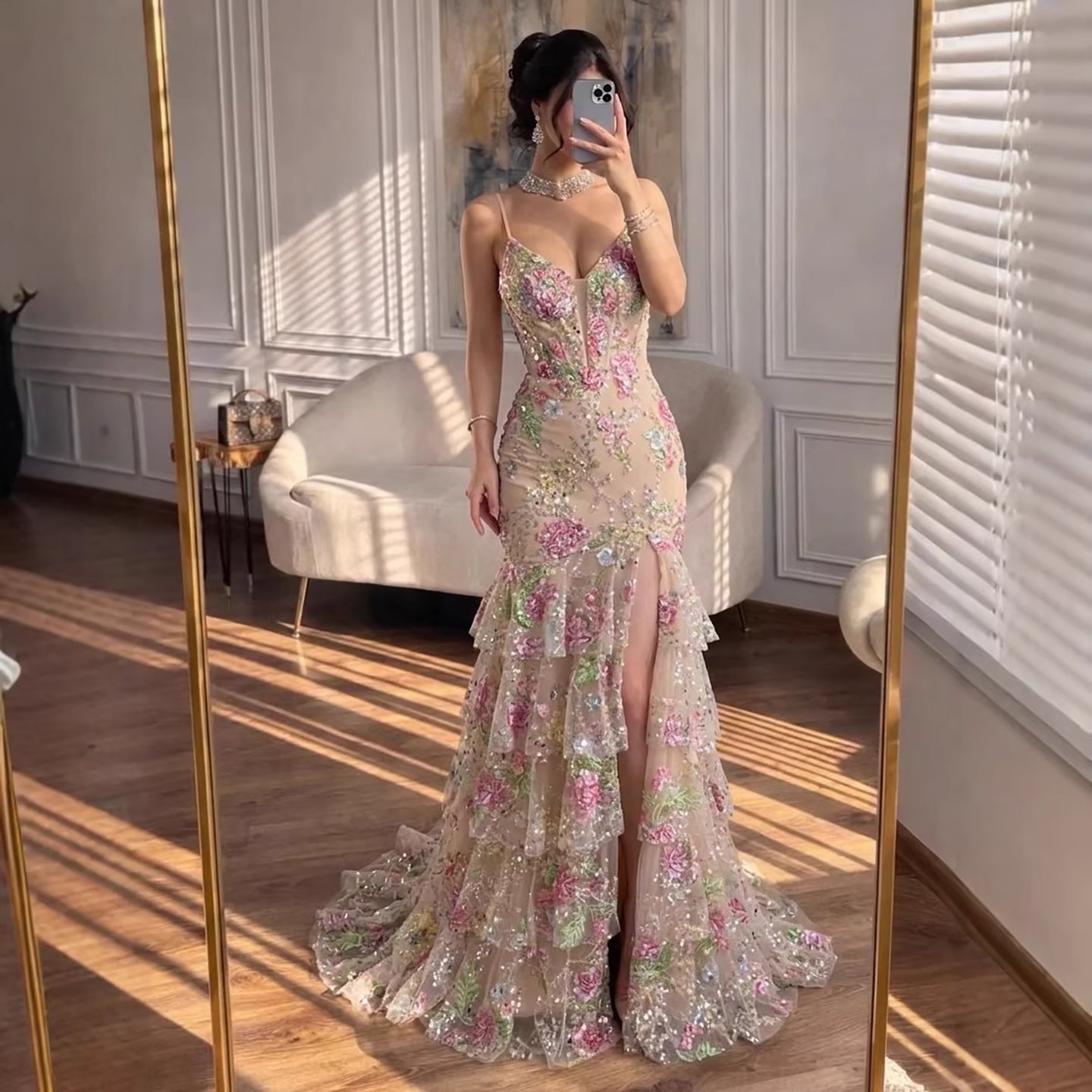 Luxury Pink Floral Beaded Spaghetti Strap Mermaid Dress CLA73552E