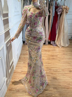 Kosovo Nude Floral Strapless Beaded Mermaid Corset Back Evening Dress With Jacket CLA73552F
