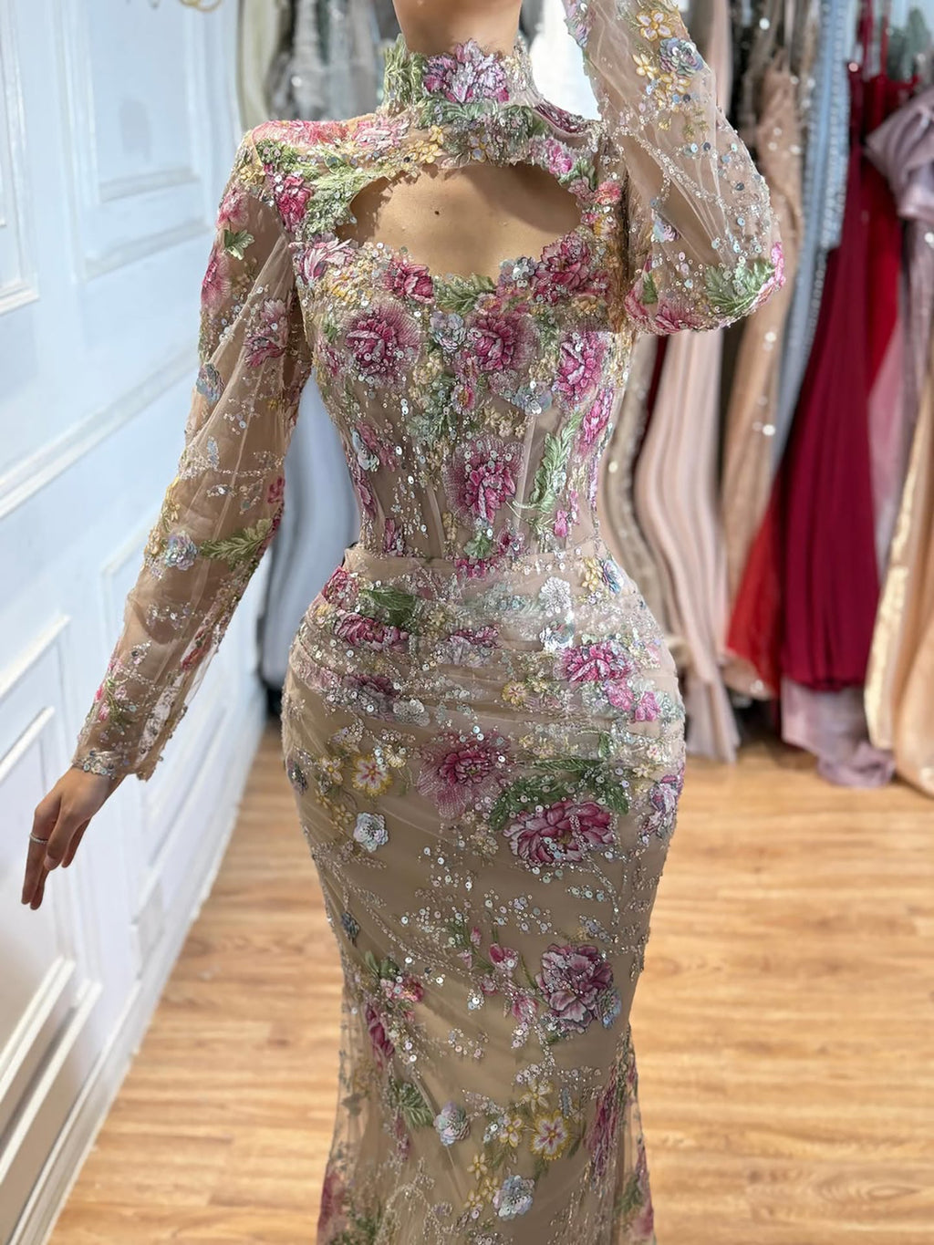 Kosovo Nude Floral Strapless Beaded Mermaid Corset Back Evening Dress With Jacket CLA73552F