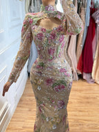 Kosovo Nude Floral Strapless Beaded Mermaid Corset Back Evening Dress With Jacket CLA73552F