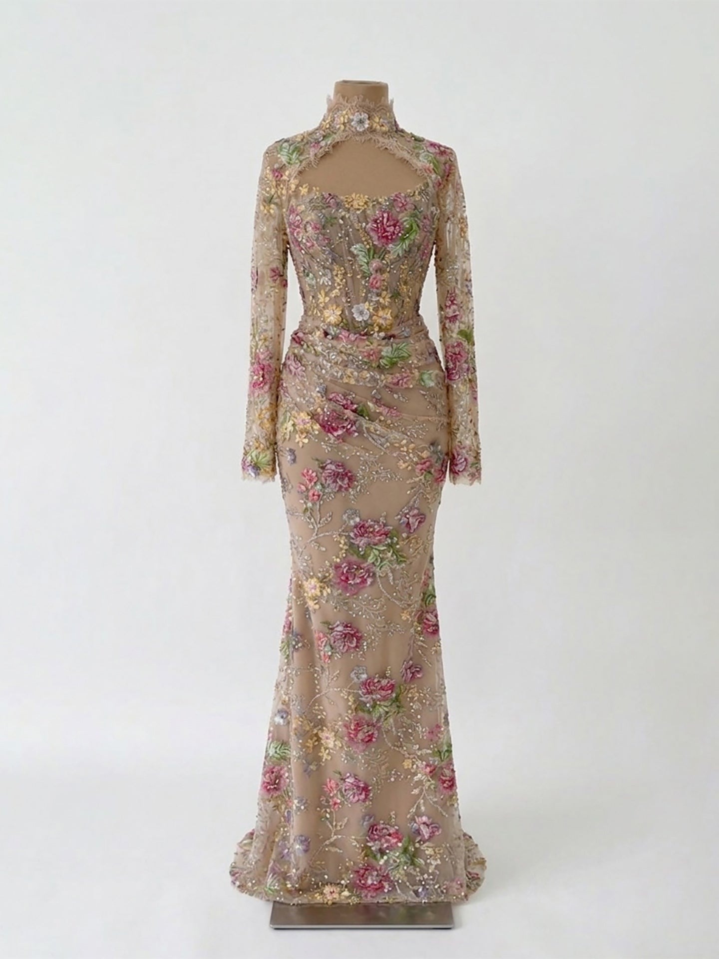 Kosovo Nude Floral Strapless Beaded Mermaid Corset Back Evening Dress With Jacket CLA73552F