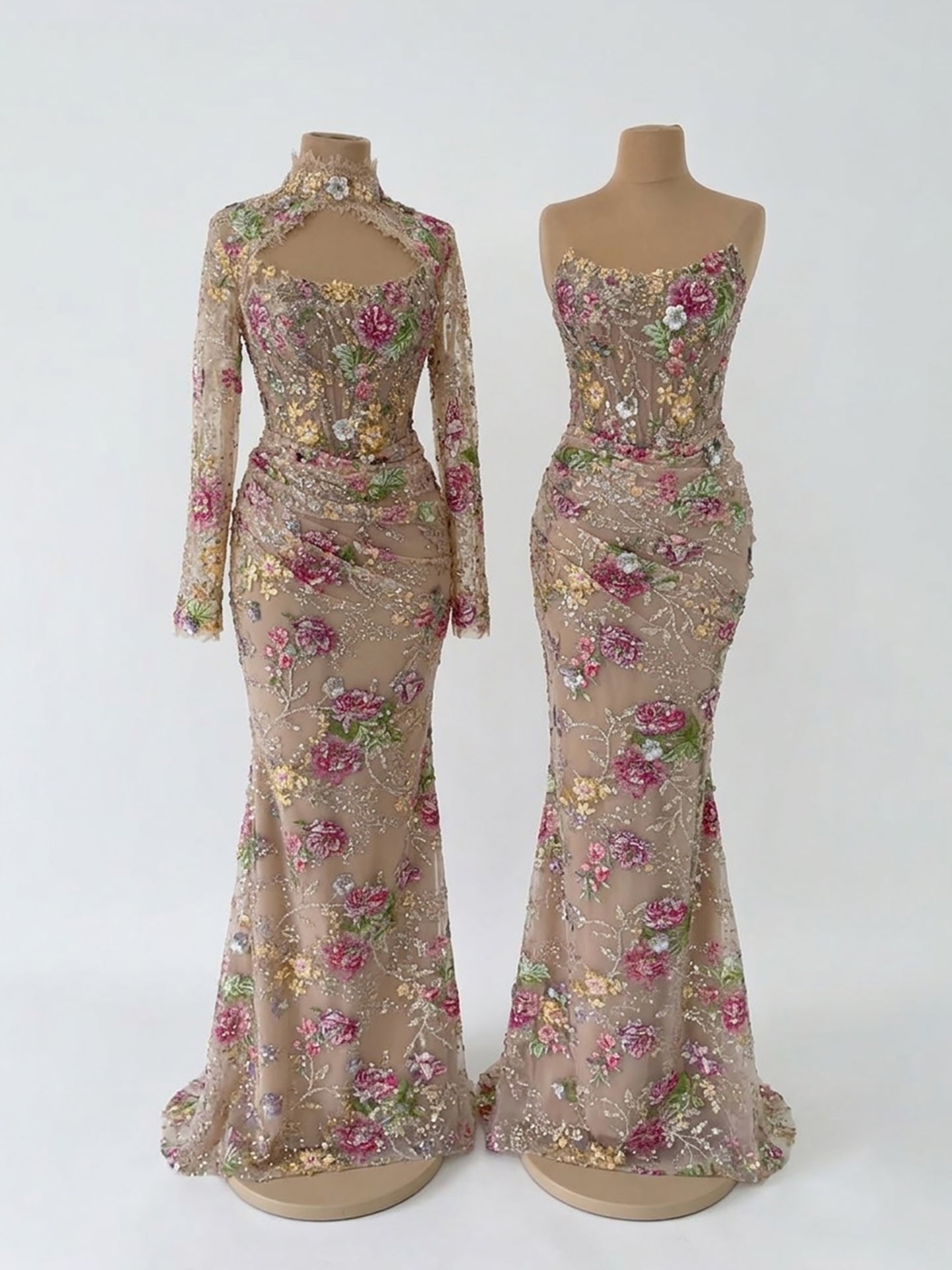 Kosovo Nude Floral Strapless Beaded Mermaid Corset Back Evening Dress With Jacket CLA73552F