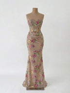 Kosovo Nude Floral Strapless Beaded Mermaid Corset Back Evening Dress With Jacket CLA73552F