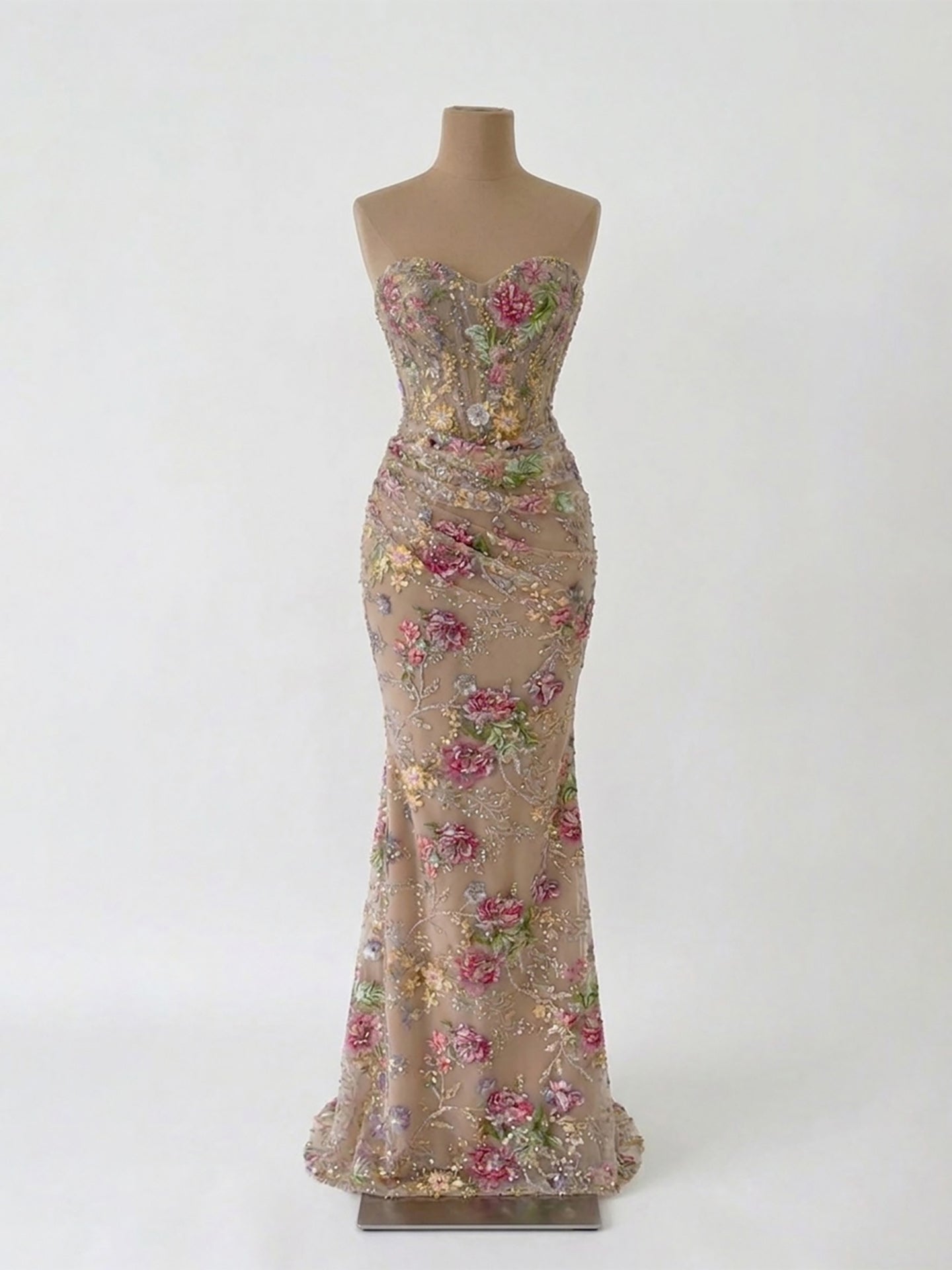 Kosovo Nude Floral Strapless Beaded Mermaid Corset Back Evening Dress With Jacket CLA73552F