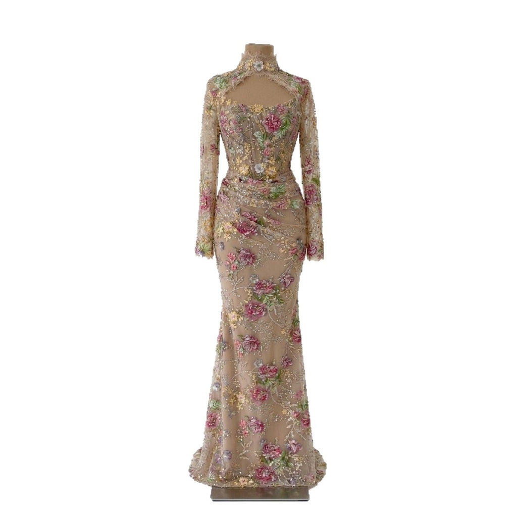 Kosovo Nude Floral Strapless Beaded Mermaid Corset Back Evening Dress With Jacket CLA73552F
