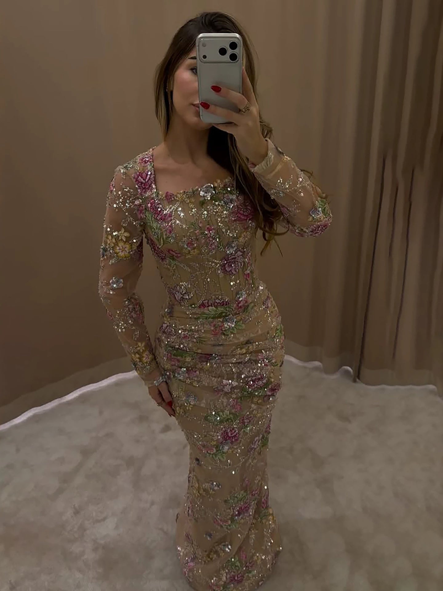 Luxury Nude Pink Floral Beaded Mermaid Evening Dress CLA73552G