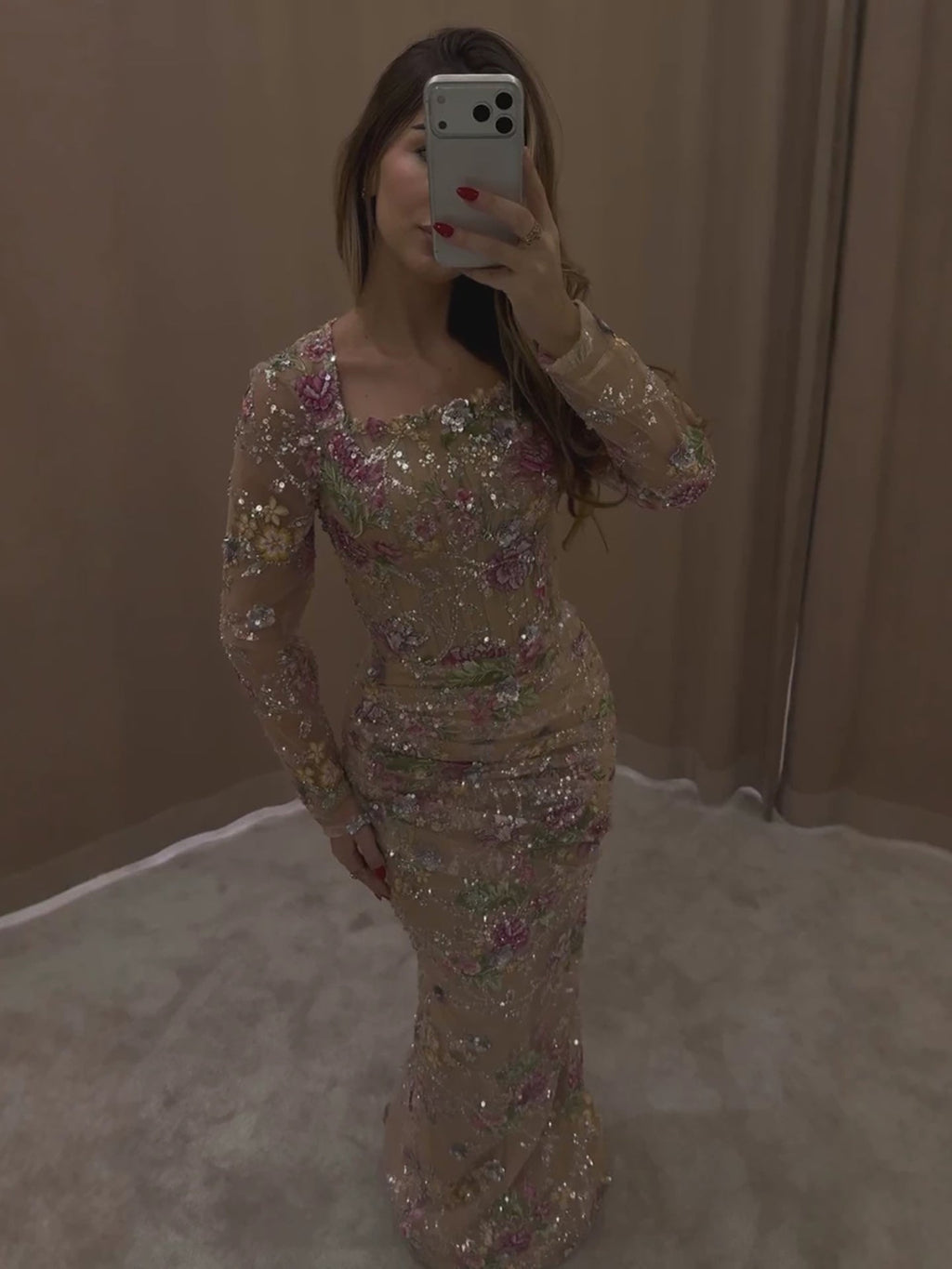 Luxury Nude Pink Floral Beaded Mermaid Evening Dress CLA73552G