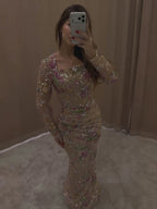 Luxury Nude Pink Floral Beaded Mermaid Evening Dress CLA73552G