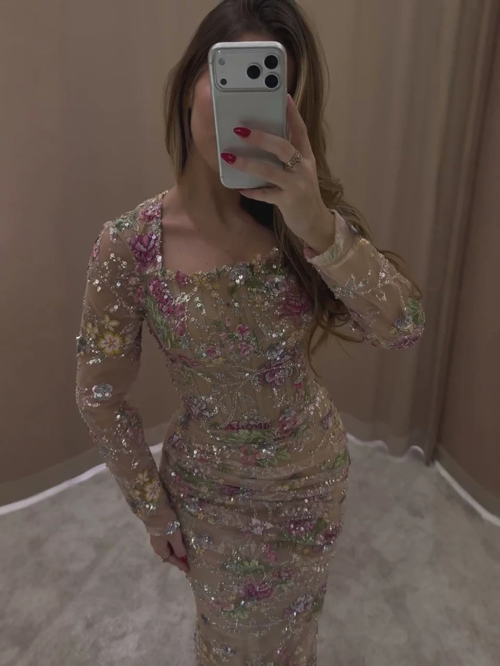 Luxury Nude Pink Floral Beaded Mermaid Evening Dress CLA73552G
