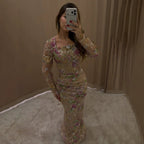 Luxury Nude Pink Floral Beaded Mermaid Evening Dress CLA73552G