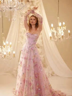Luxury Pink Floral Beaded A Line Dress with Sleeves CLA73552H