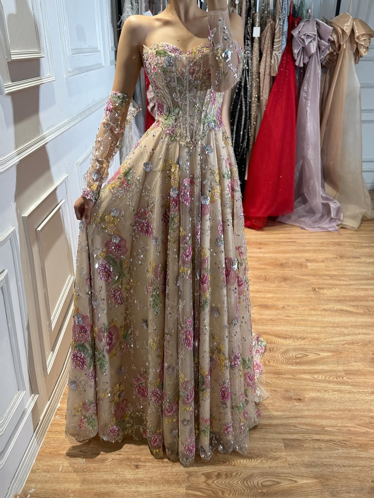 Luxury Nude Pink Floral Beaded A Line Dress with Sleeves CLA73552H