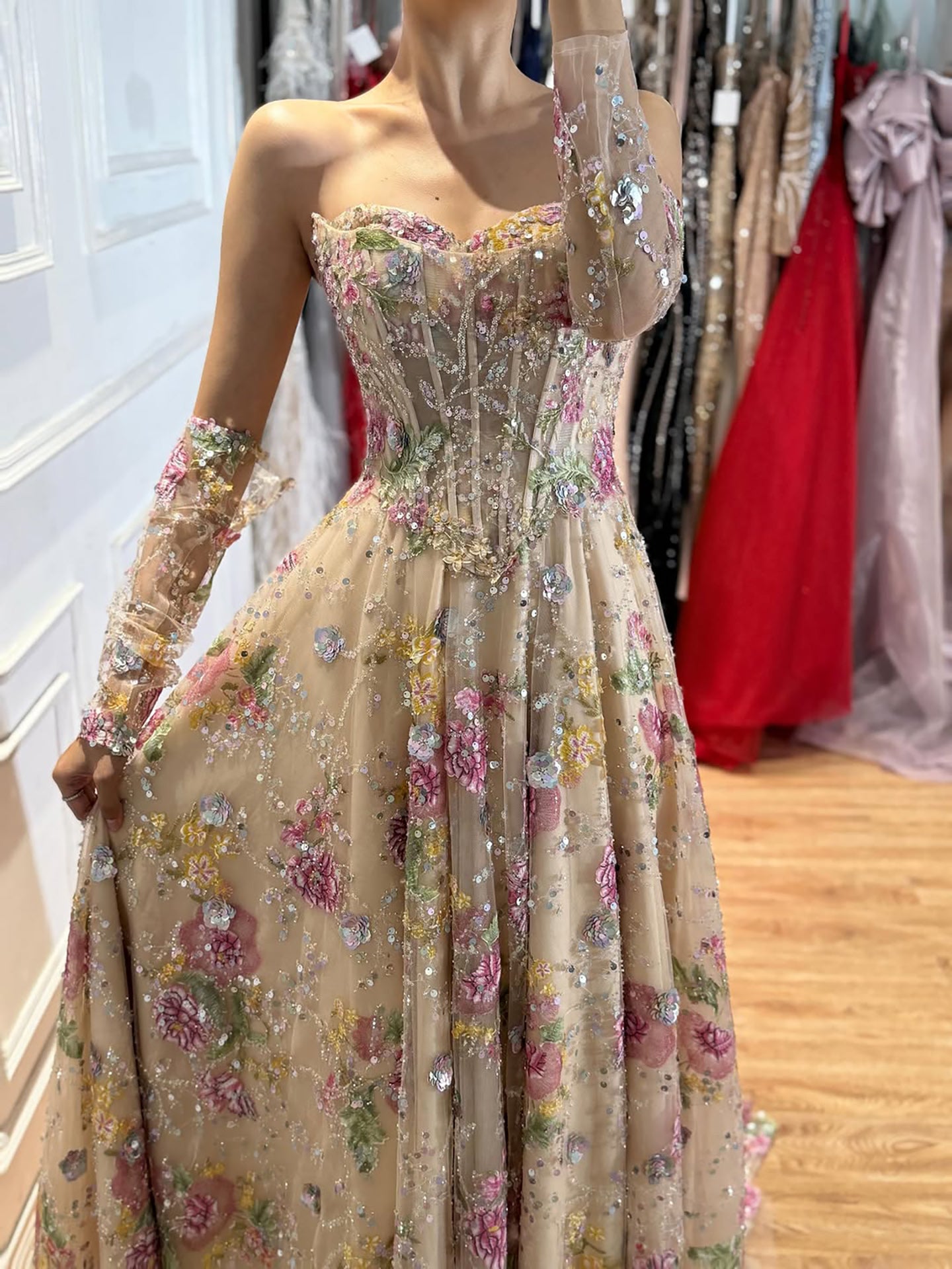 Luxury Nude Pink Floral Beaded A Line Dress with Sleeves CLA73552H