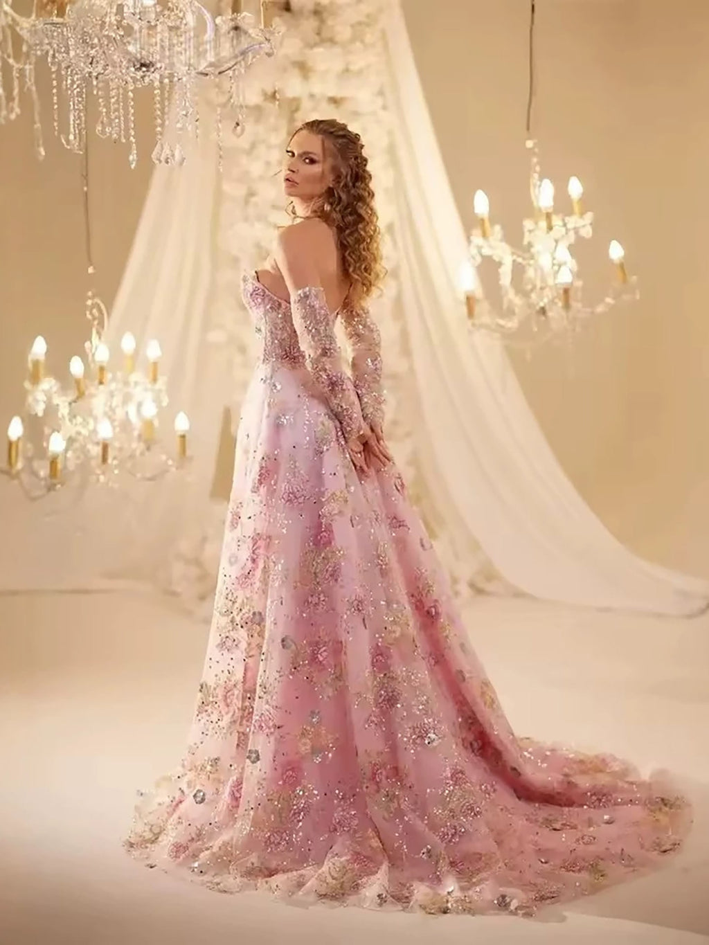 Luxury Pink Floral Beaded A Line Dress with Sleeves CLA73552H