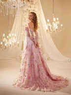 Luxury Pink Floral Beaded A Line Dress with Sleeves CLA73552H