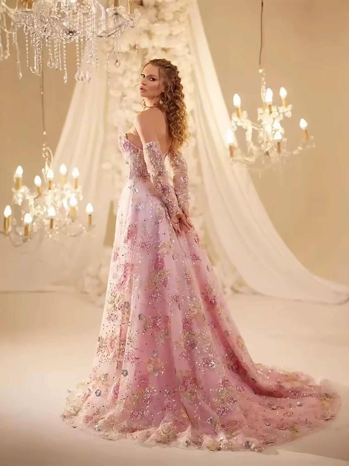 Luxury Pink Floral Beaded A Line Dress with Sleeves CLA73552H