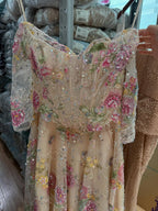 Luxury Nude Pink Floral Beaded A Line Dress with Sleeves CLA73552H