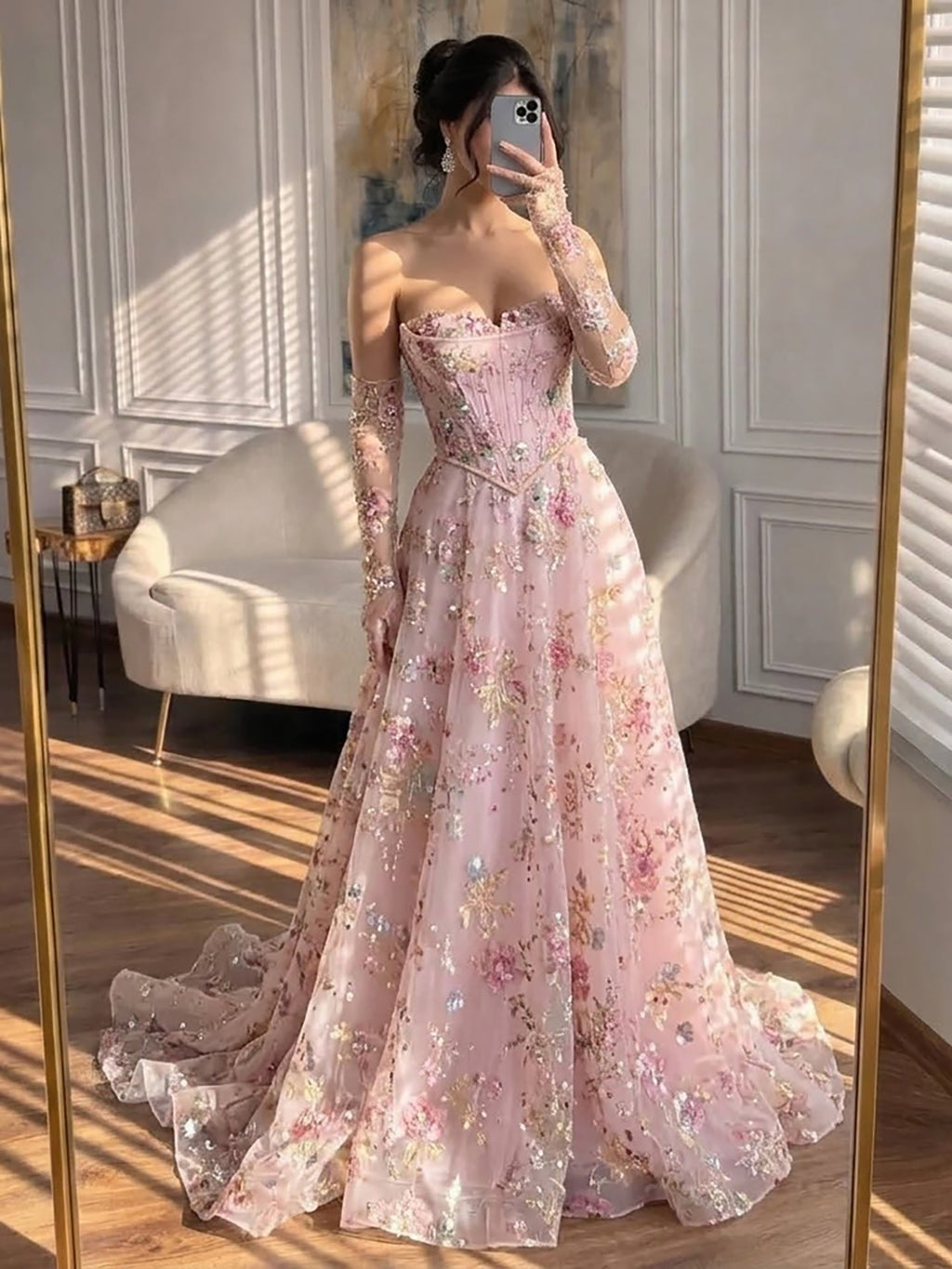 Luxury Pink Floral Beaded A Line Dress with Sleeves CLA73552H