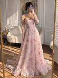 Luxury Pink Floral Beaded A Line Dress with Sleeves CLA73552H