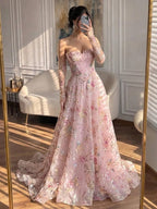 Luxury Pink Floral Beaded A Line Dress with Sleeves CLA73552H