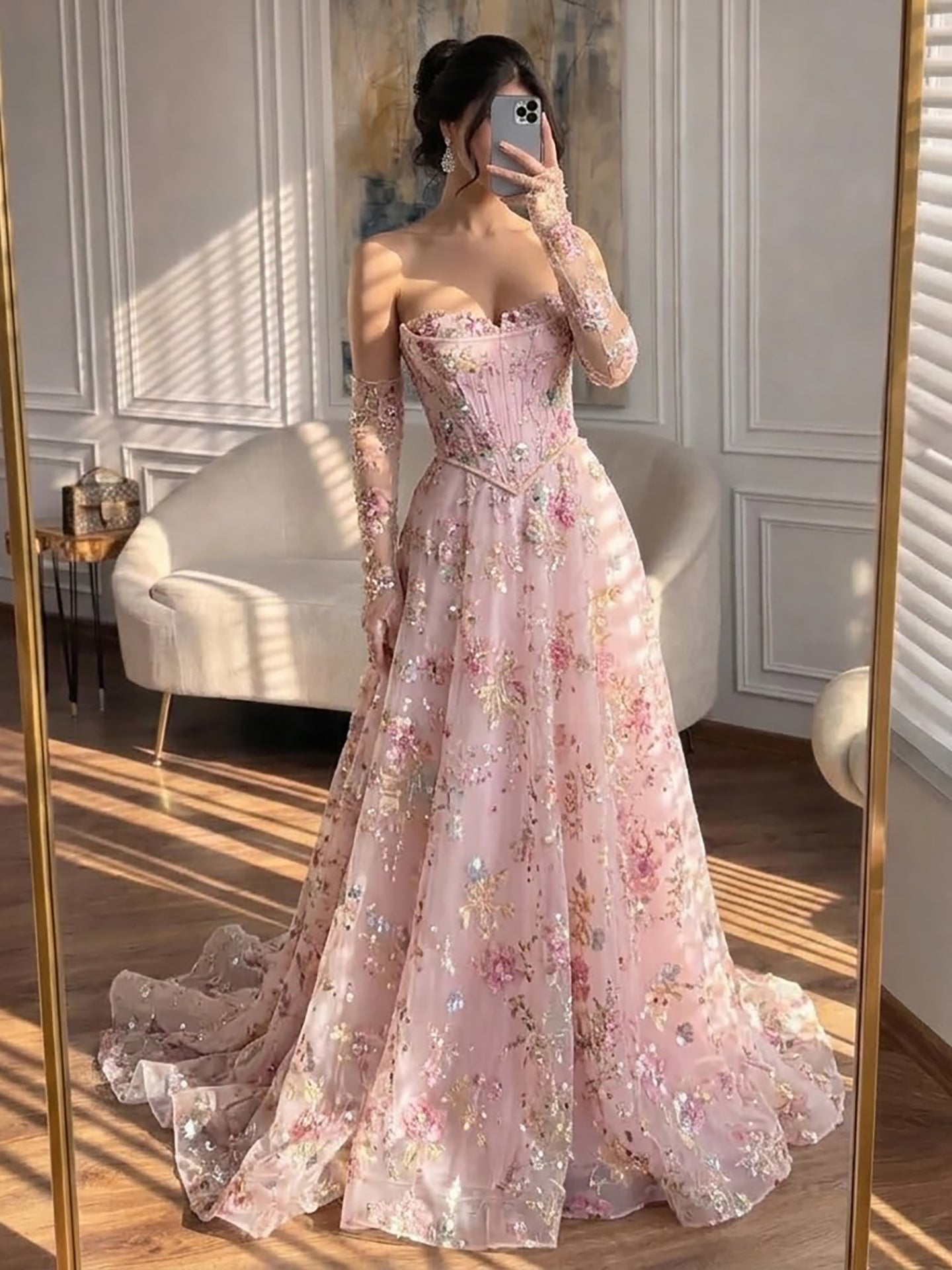 Luxury Pink Floral Beaded A Line Dress with Sleeves CLA73552H