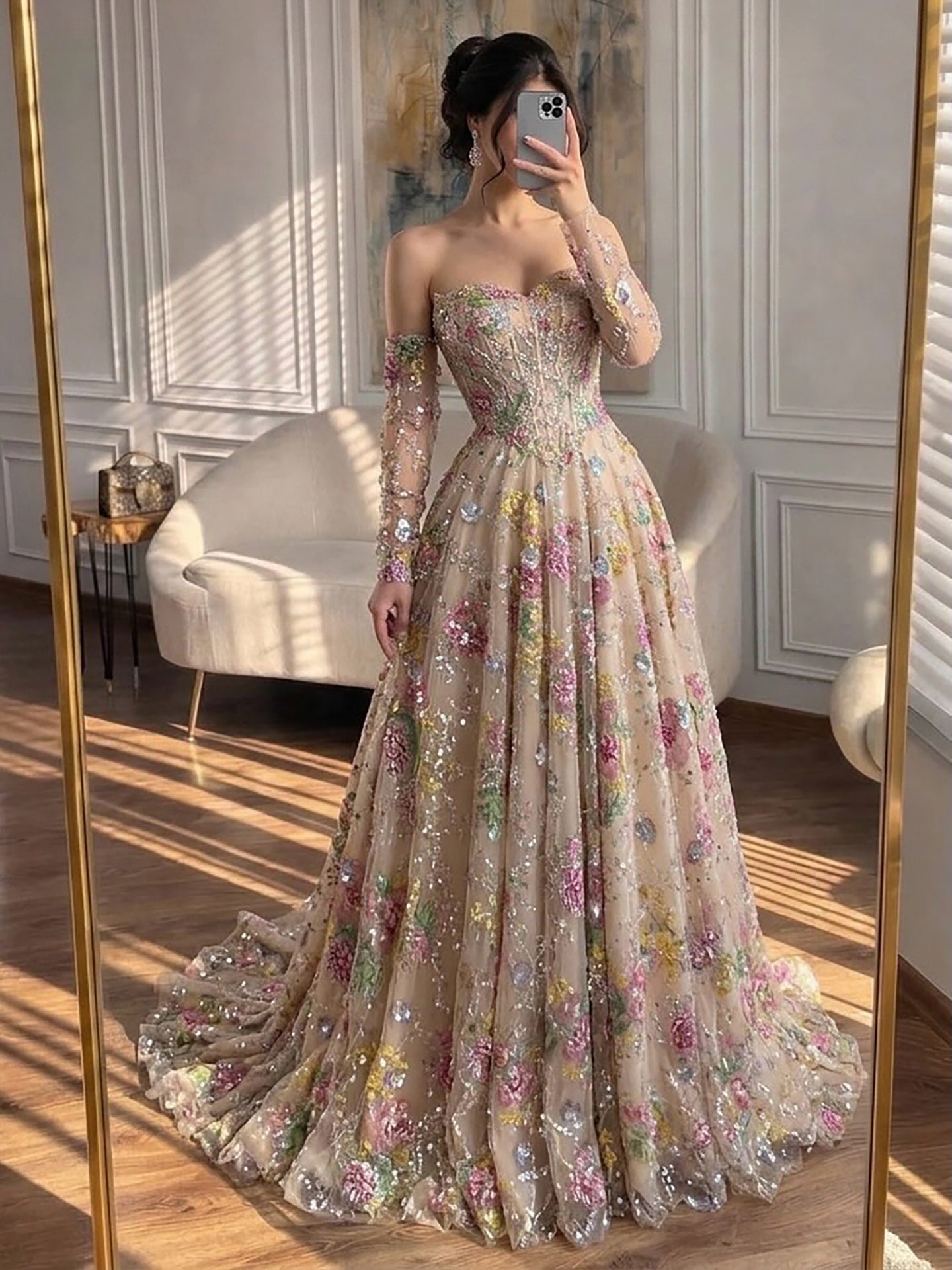 Luxury Nude Pink Floral Beaded A Line Dress with Sleeves CLA73552H