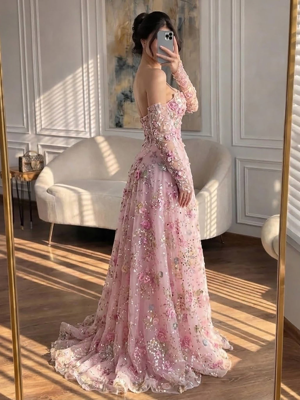 Luxury Pink Floral Beaded A Line Dress with Sleeves CLA73552H