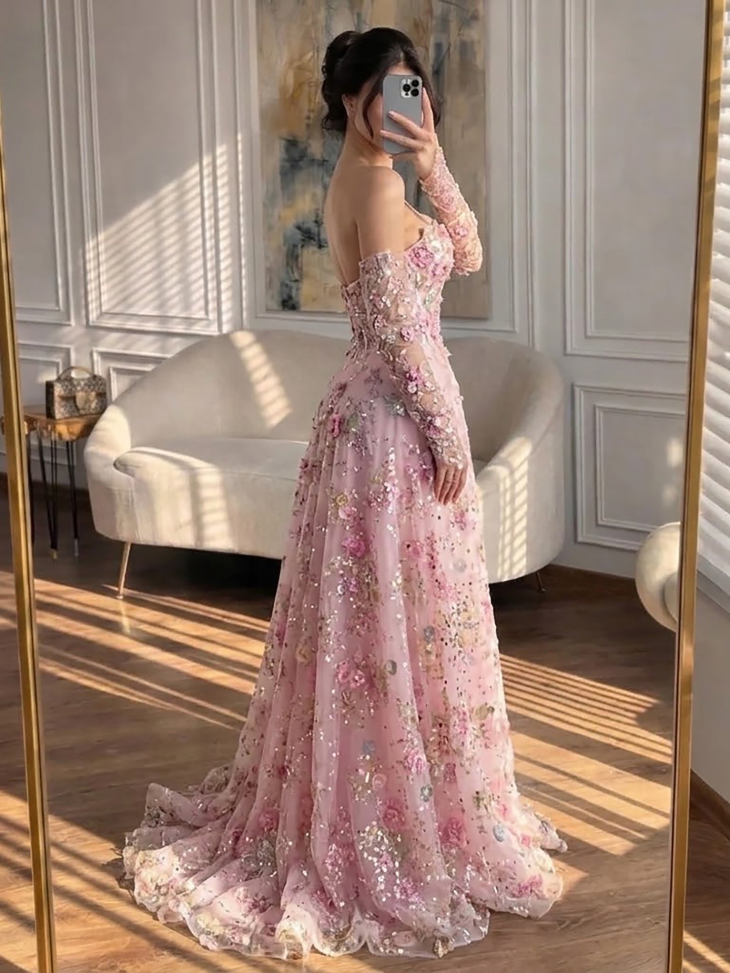 Luxury Pink Floral Beaded A Line Dress with Sleeves CLA73552H