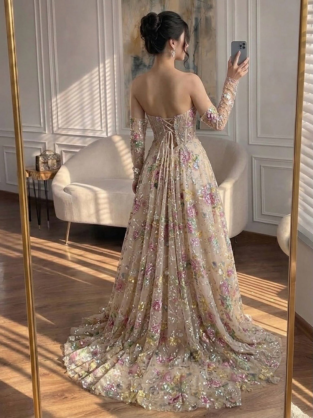 Luxury Nude Pink Floral Beaded A Line Dress with Sleeves CLA73552H