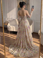 Luxury Nude Pink Floral Beaded A Line Dress with Sleeves CLA73552H