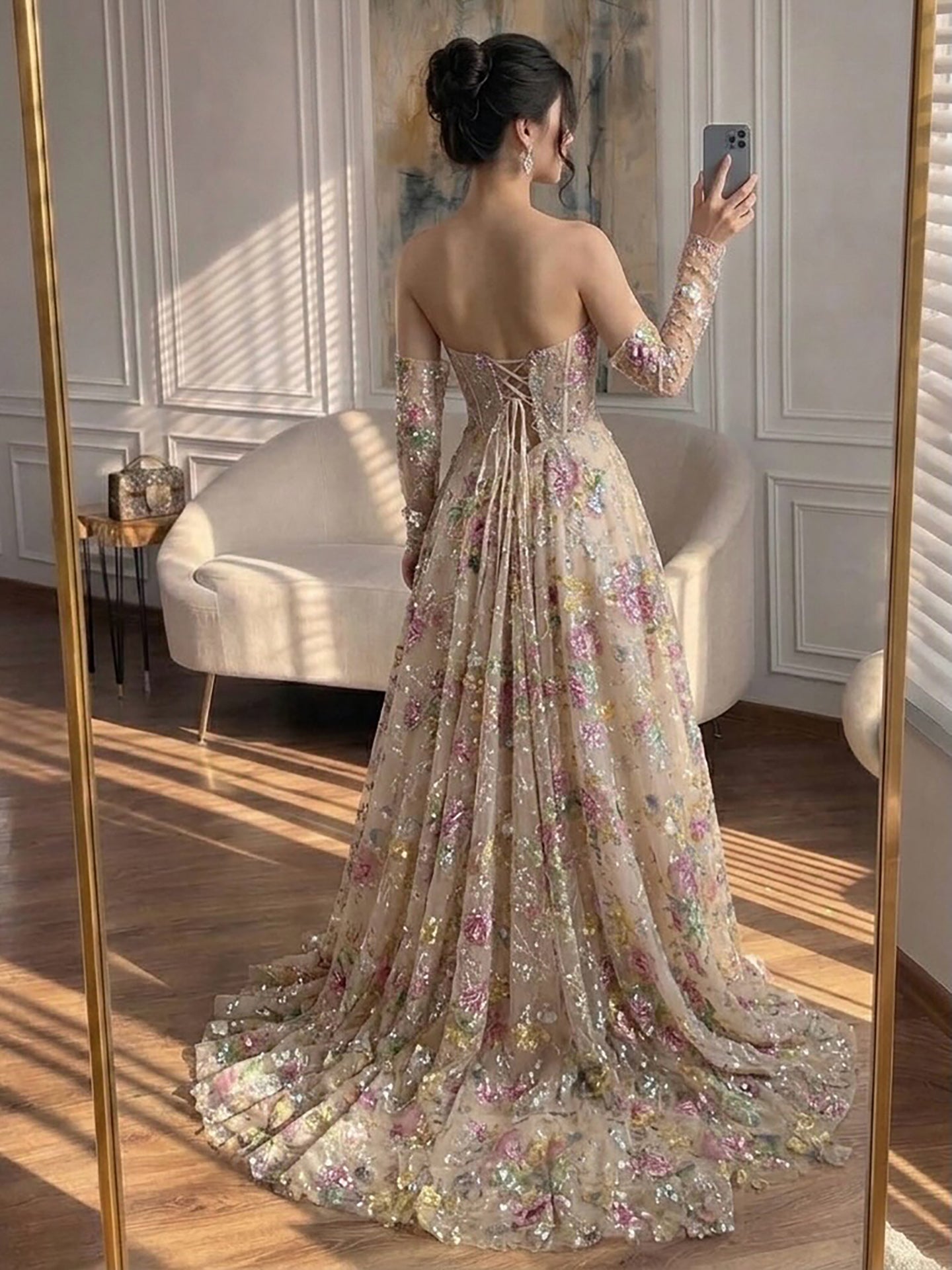 Luxury Nude Pink Floral Beaded A Line Dress with Sleeves CLA73552H