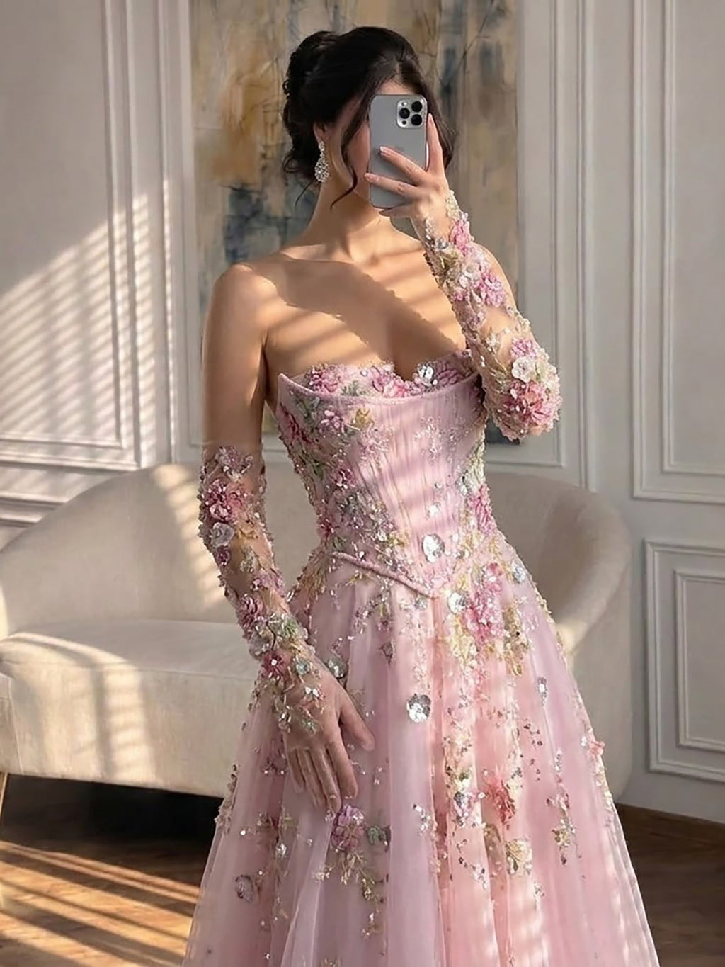 Luxury Pink Floral Beaded A Line Dress with Sleeves CLA73552H