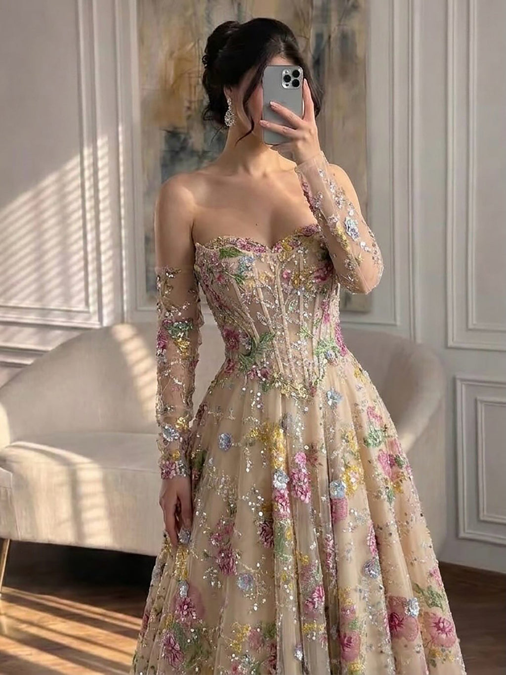 Luxury Nude Pink Floral Beaded A Line Dress with Sleeves CLA73552H