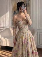 Luxury Nude Pink Floral Beaded A Line Dress with Sleeves CLA73552H