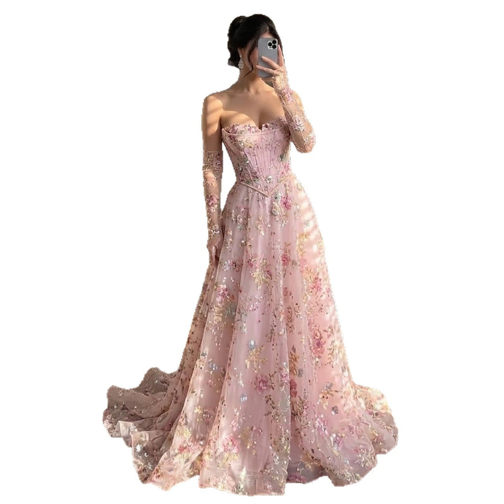 Luxury Pink Floral Beaded A Line Dress with Sleeves CLA73552H