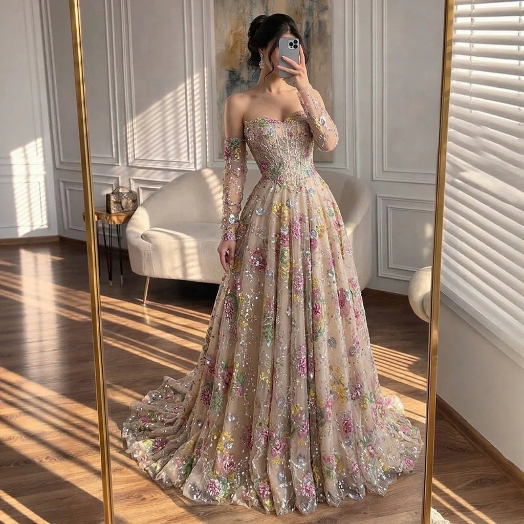 Luxury Nude Pink Floral Beaded A Line Dress with Sleeves CLA73552H