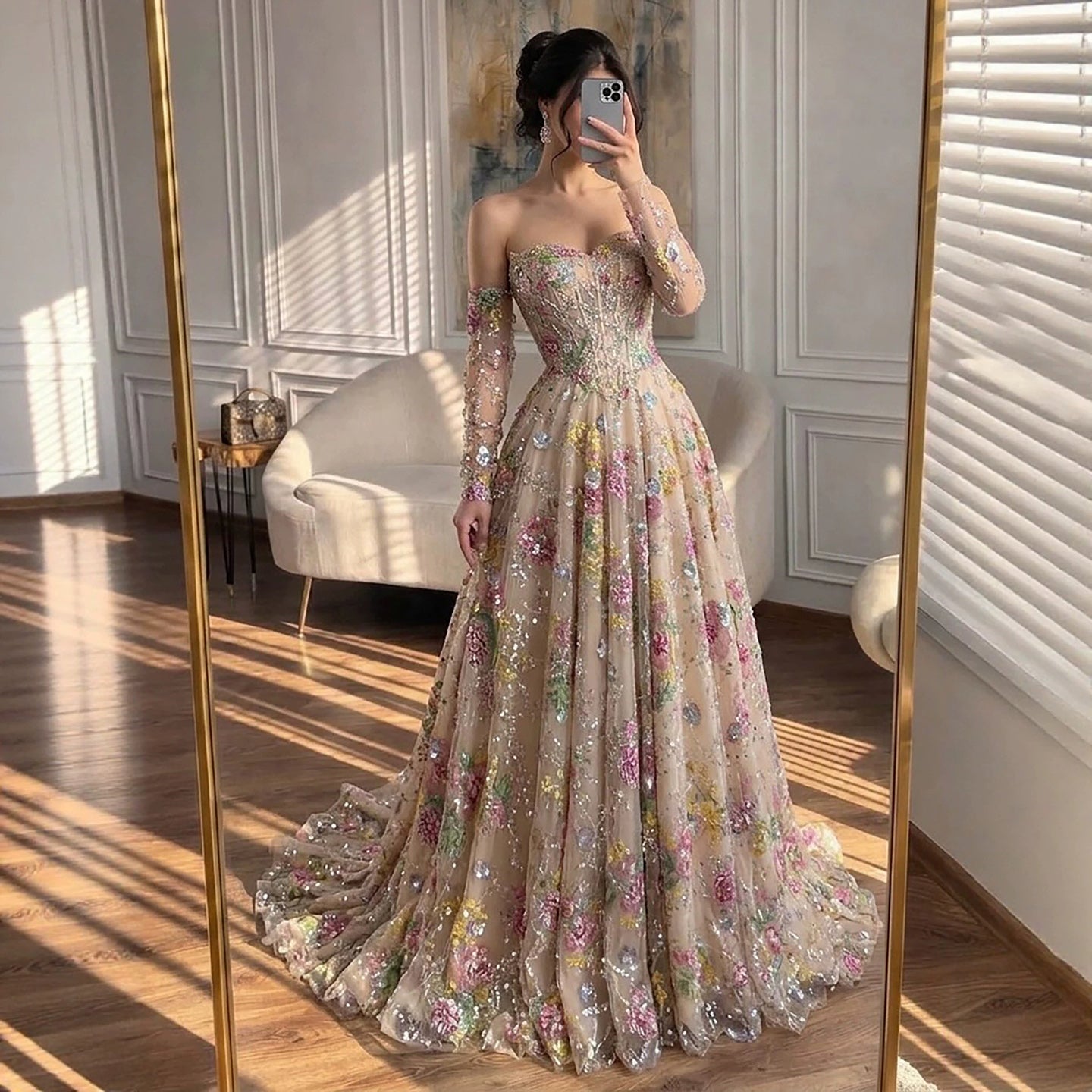 Luxury Nude Pink Floral Beaded A Line Dress with Sleeves CLA73552H