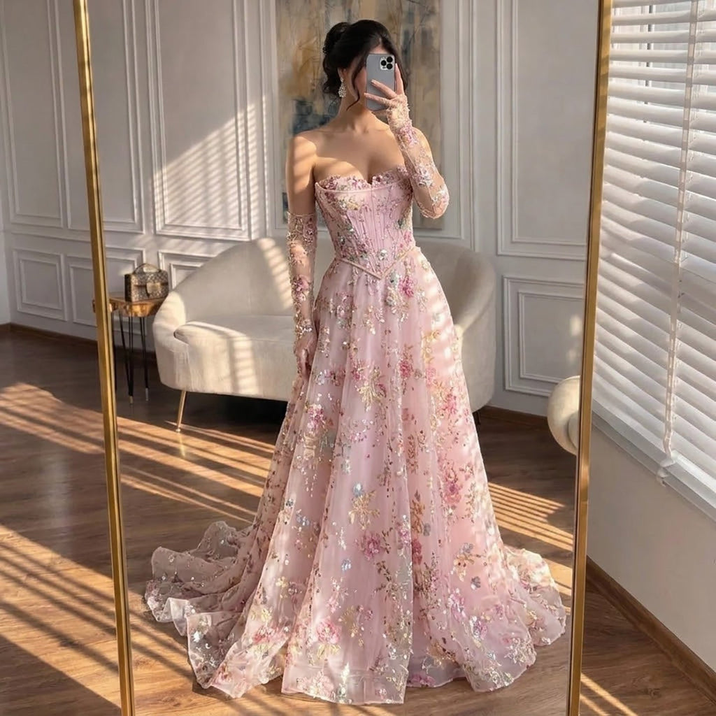 Luxury Pink Floral Beaded A Line Dress with Sleeves CLA73552H