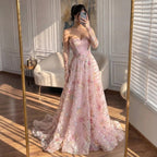 Luxury Pink Floral Beaded A Line Dress with Sleeves CLA73552H