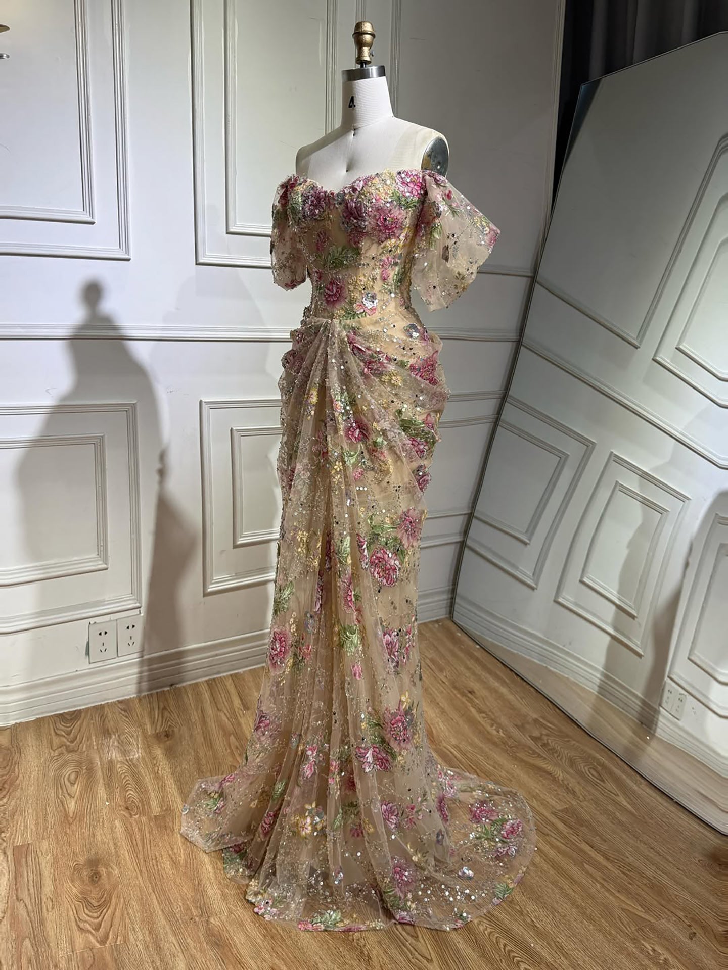 Luxury Nude Floral Off Shoulder Mermaid Dress LA73552I