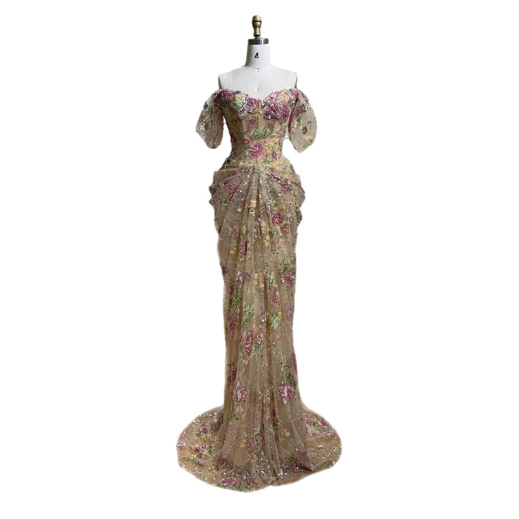 Luxury Nude Floral Off Shoulder Mermaid Dress LA73552I