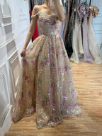 Luxury Nude Pink Off-Shoulder Floral Evening Dress LA73552K