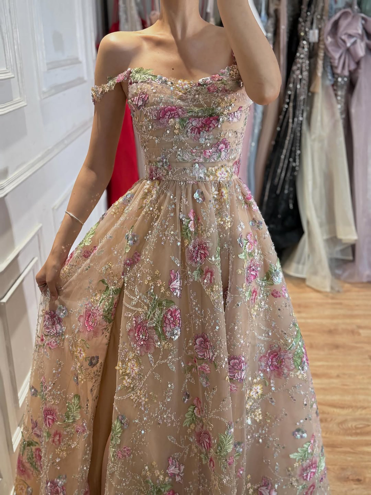 Luxury Nude Pink Off-Shoulder Floral Evening Dress LA73552K